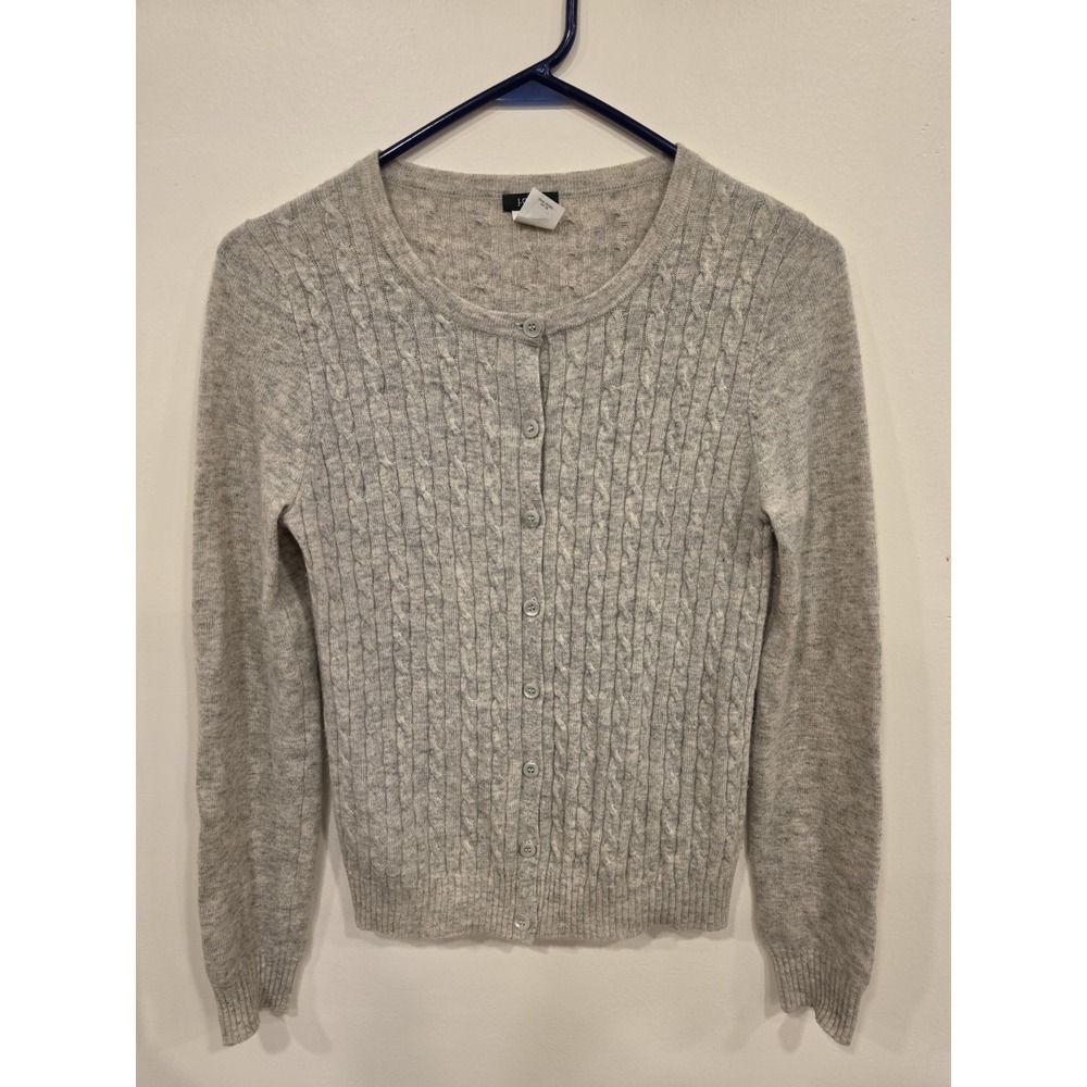 J. Crew Cable Knit Cardigan Sweater Womens S Gray Wool Cashmere Blend Classic